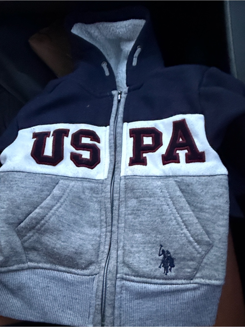 U.S. Polo Assn. Navy, Gray & White Hooded Zip Jacket with Varsity Letters